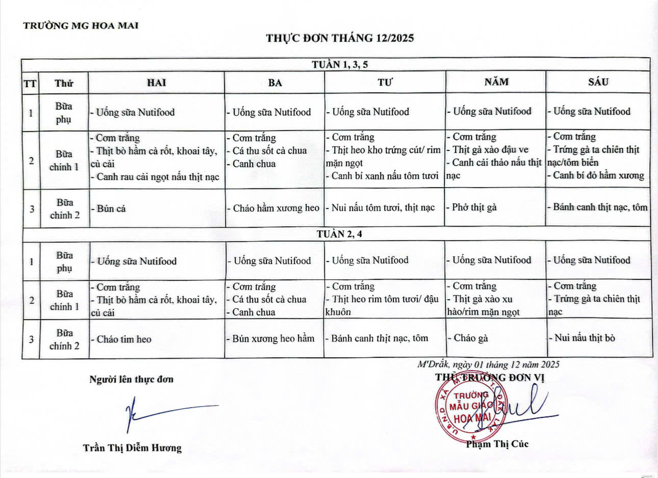 BẢNG THỰC ĐƠN THÁNG 12 NĂM 2025 TẠI TRƯỜNG MẪU GIÁO HOA MAI