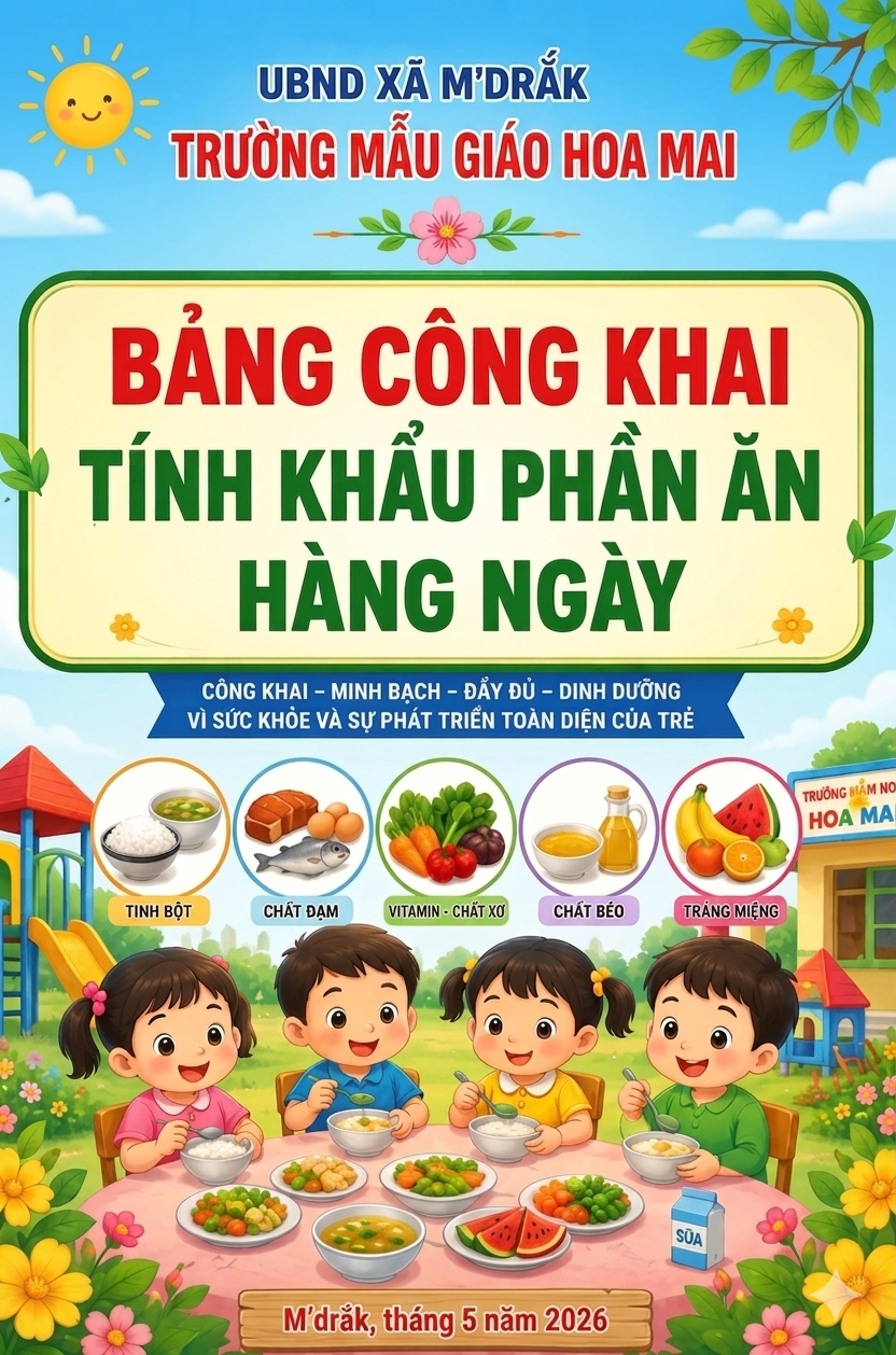 Bảng công khai khẩu phần ăn bán trú cho trẻ ngày 15/05/2026
